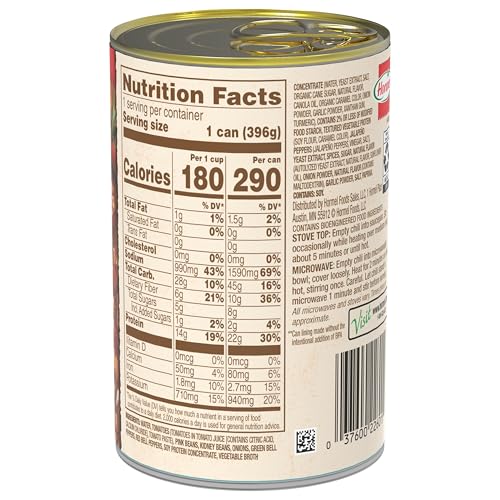 HORMEL Chili Plant-Based Chili With Beans (Pack of 12)  14 oz  22g Protein per Serving  Gluten-Free  Egg-Free  Dairy-Free  No Artificial Flavors Added- Great for Bowls  Dips  Hot Dogs and Appetitizers