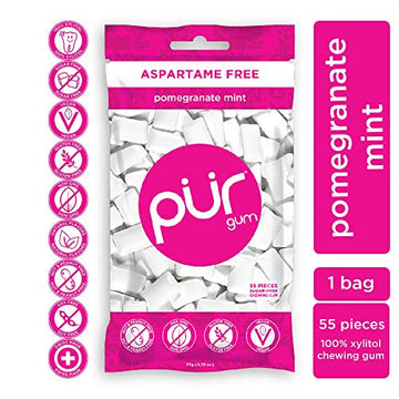 Pur 100% Xylitol Chewing Gum, Pomegranate Mint, 55 Pieces Per Bag - Sugar-Free + Aspartame Free, Vegan + Non Gmo