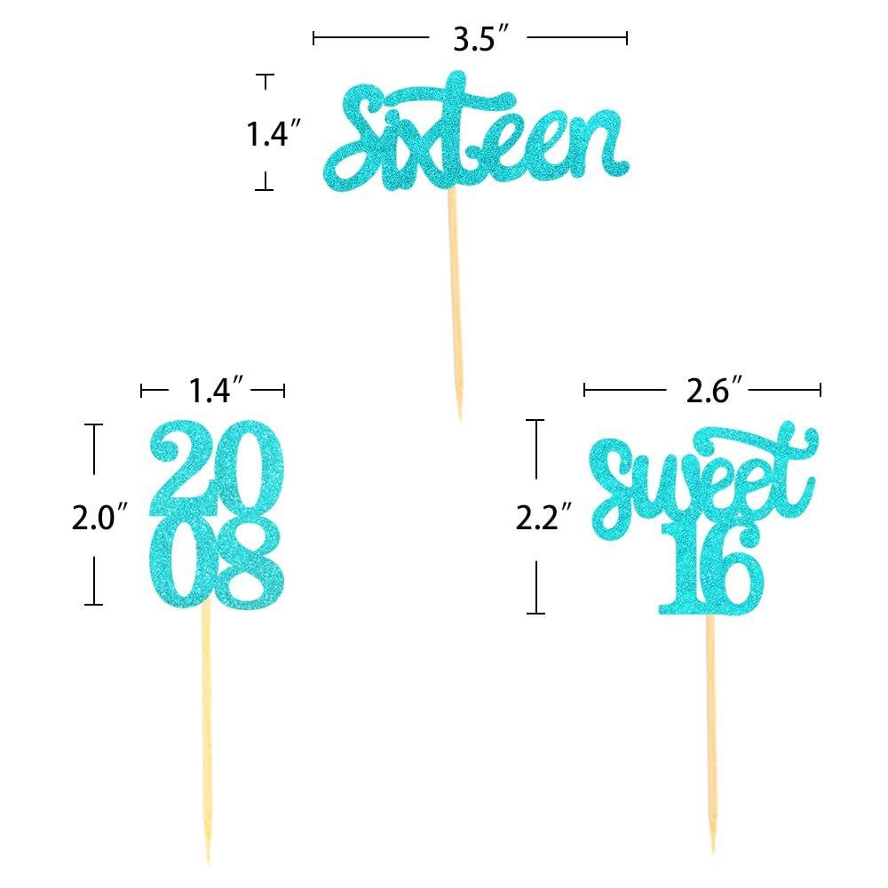 24 Pcs Sweet 16 Blue Glitter Birthday Cupcake Toppers for 16th Birthday Celebrating Party Decorations (Blue)