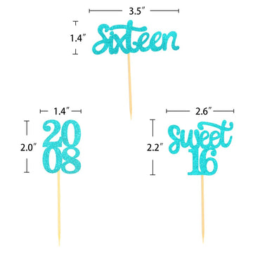 24 Pcs Sweet 16 Blue Glitter Birthday Cupcake Toppers for 16th Birthday Celebrating Party Decorations (Blue)