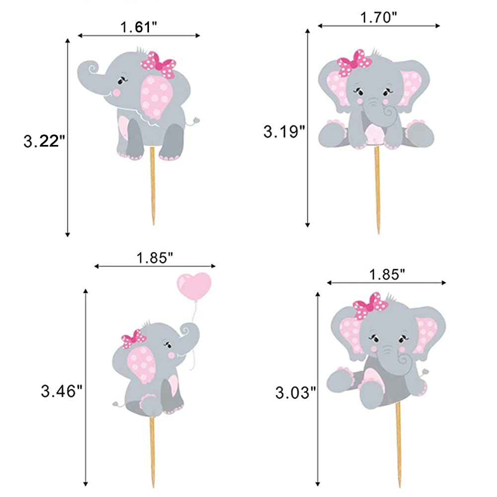 48Pcs Pink Elephant Cupcake Toppers, Double Sided It Is A Girl Elephant Cupcake Picks, Elephant Cake Cupcake Decorations For Ele