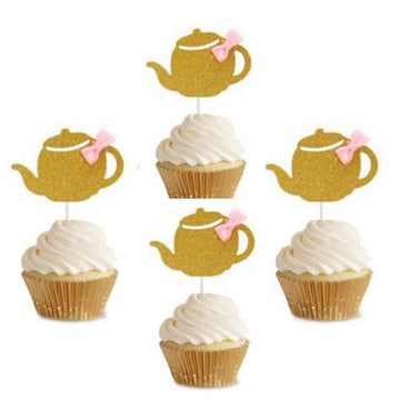 Glitter Gold Tea Party Cupcake Toppers Teapot Cupcake Toppers - 24Pcs