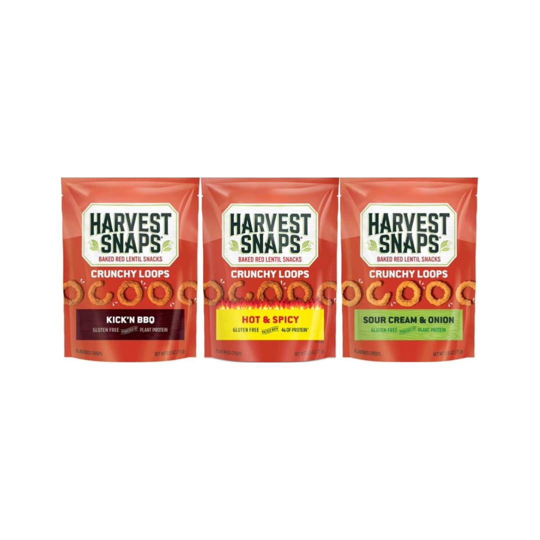 HARVEST SNAPS Veggie Chips Variety Pack, Kickn BBQ, Hot & Spicy, Sour Cream & Onion, Plant-Based Protein Snack, 7.5 oz