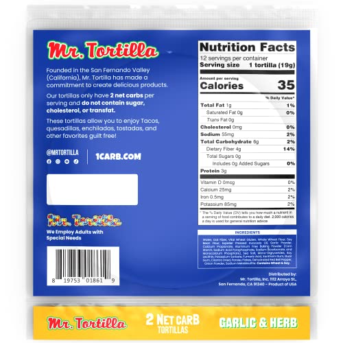 Mr. Tortilla Low Carb Keto Soft Taco Shells, Vegan, Quesadillas, Burritos, Heathy Bread Alternative, 2 Net Carbs, Delicious Smal