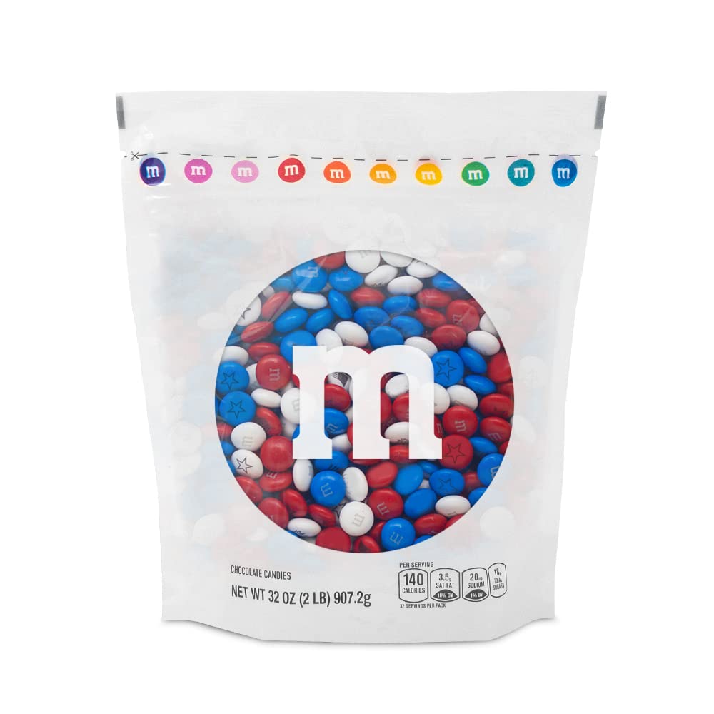 M&MS WORLD Red, White, and Royal Blue Milk Chocolate Candy - 2lbs Bulk Resealable Bag for Celebrations, 4th of July Decorations,