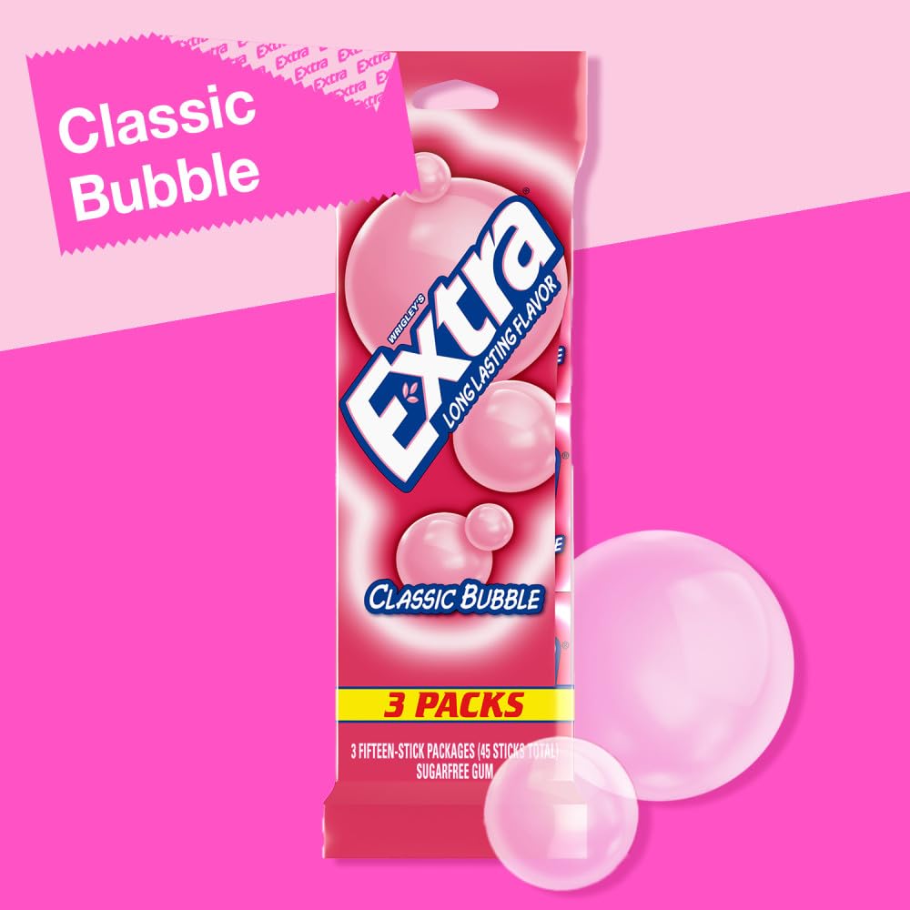 EXTRA Classic Bubble Sugar Free Chewing Gum  15 Sticks (3 Pack)