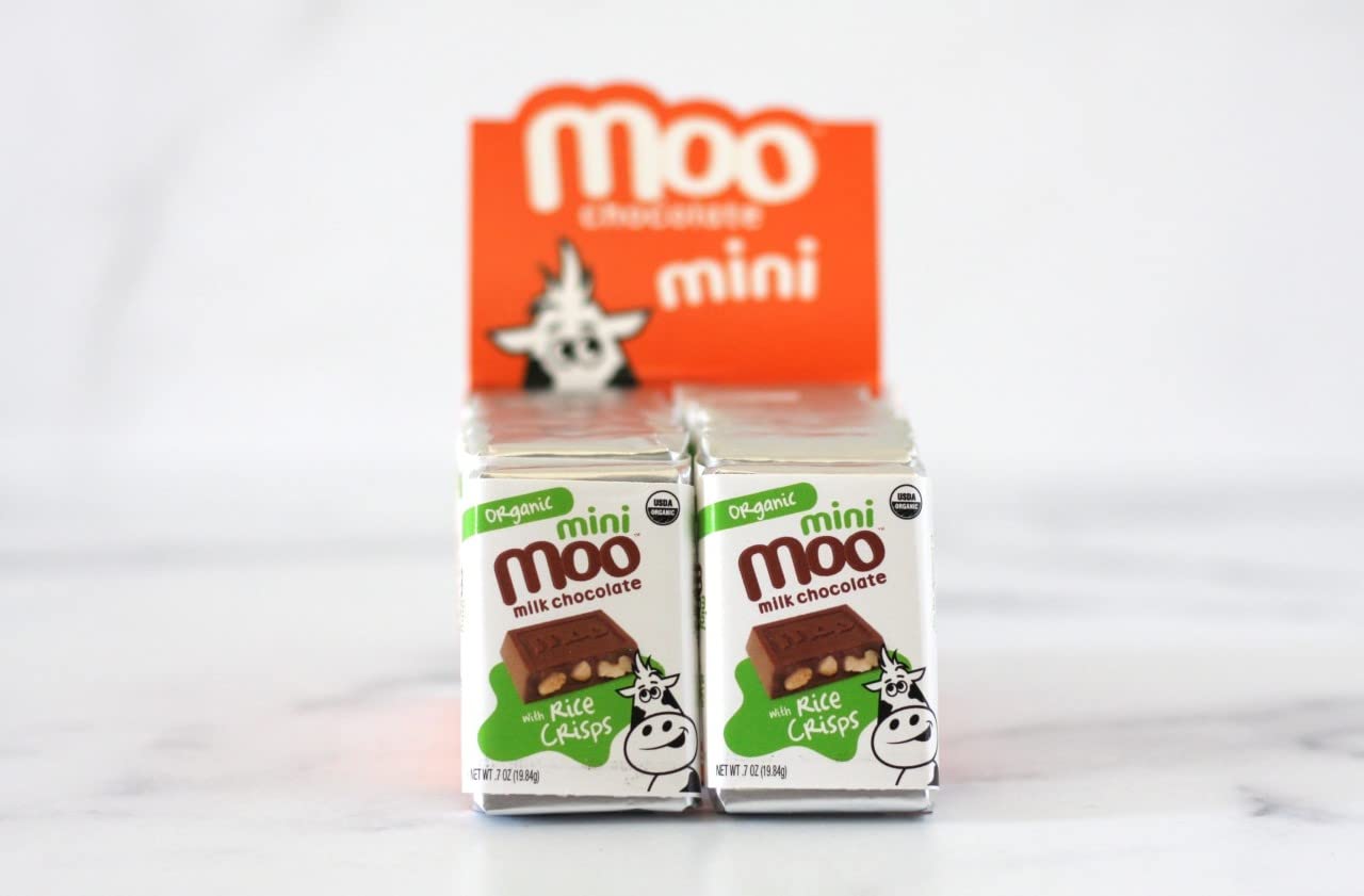 Moo Chocolates Organic Milk Chocolate Mini Bars With Rice Crisps 0.7Oz, 28 Ct (Pack Of 2) | Usda Organic, Non-Gmo | 100 Calorie