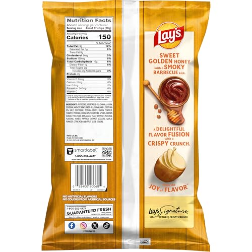 Lays Potato Chips, Honey Barbecue Flavored Snacks, 7.75oz Bag