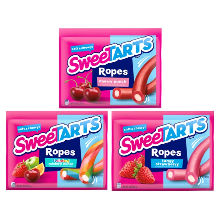 Bundle Of Sweetarts Ropes Candy, Cherry Punch, Twisted Rainbow Punch, & Tangy Strawberry, 9 Ounce (Pack Of 3)