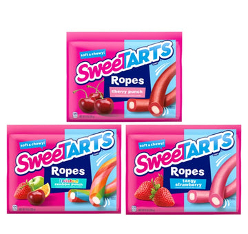 Bundle Of Sweetarts Ropes Candy, Cherry Punch, Twisted Rainbow Punch, & Tangy Strawberry, 9 Ounce (Pack Of 3)