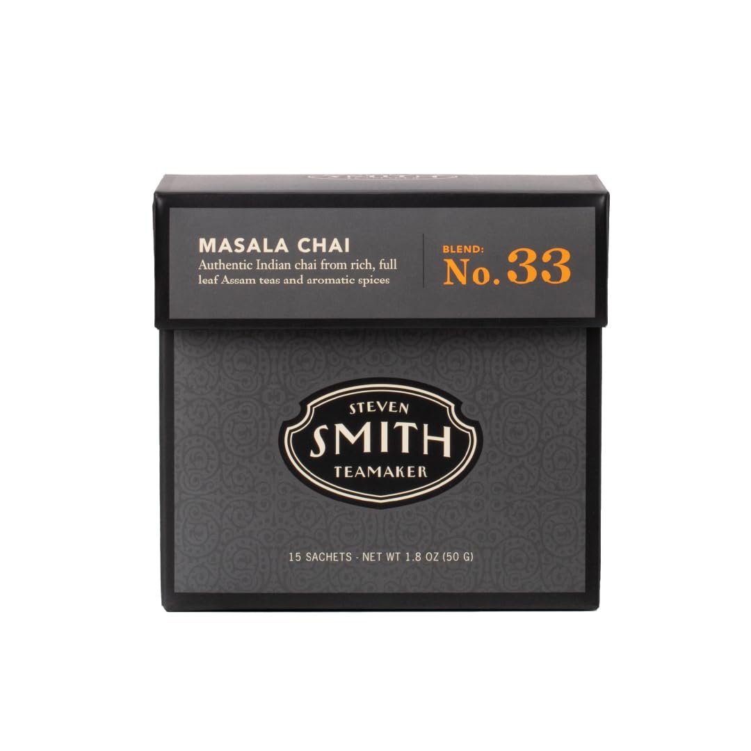 Steven Smith Teamaker Masala Chai No. 33  Caffeinated  Sugar-Free  Spiced  Full Leaf Black Assam Tea Blend  Tea Bags 15 Sachets  1.8Oz Each