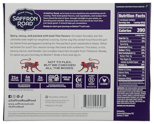 Saffron Road Frozen Drunken Noodles with Chicken - High Protein, Seed Oil Free, Chickens Raised with no Antibiotics, No Artifici