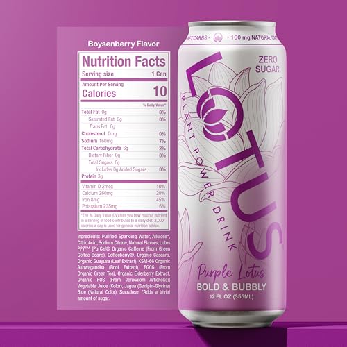 Purple Lotus Plant Power Drink | Sugar Free  Low Calorie | 160 mg Natural Caffeine from Green Coffee Bean | Plant-Based Ingredients | Zero Sugar | 10 Calories | 12 oz Cans | 12 Count