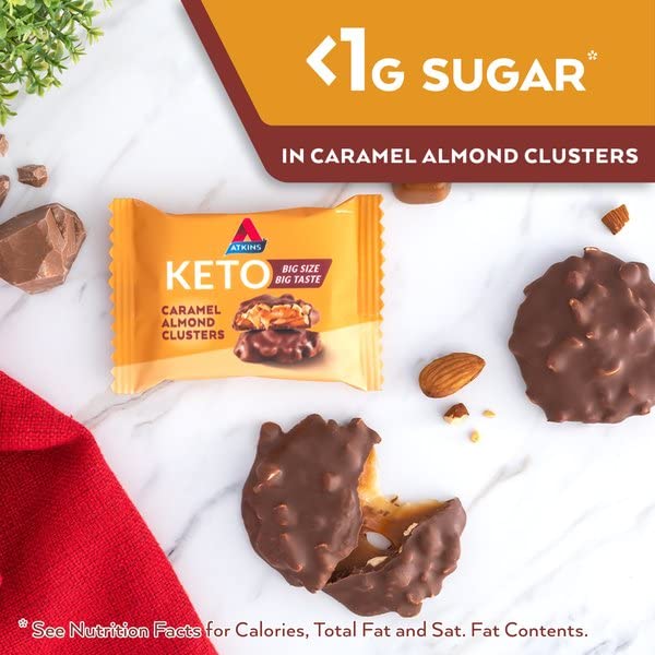 Atkins Caramel Almond Clusters, Gluten Free, High Fiber, 1g Sugar, 2g Net Carb, 20 Count, Keto Friendly