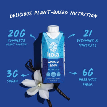 Koia Plant Based Protein Shake - Vanilla Bean - 20g Protein, 3g Sugar, 11 Fl Oz, Pack of 12 - Dairy Free, Non GMO, Meal Replacement