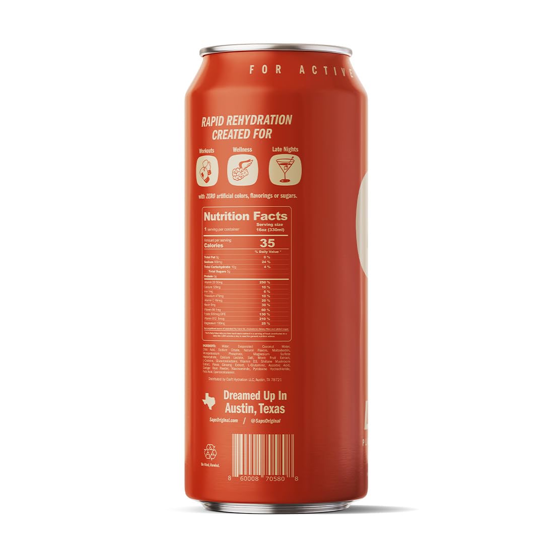 Saps Rapid Rehydration Sports Drink - 12 Cans, Passionfruit With Electrolytes And Adaptogens For Workouts, Wellness - Zero Artif