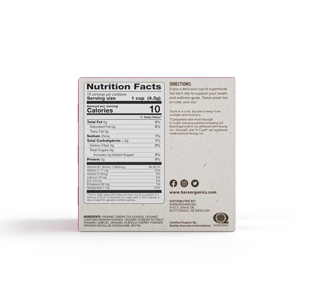 BareOrganics Radiant Tea Withuperfoods & Probiotics | Compatible Tea Pods | USDA Certified Organic  Vegan  Non-GMO & Recyclable 60ct