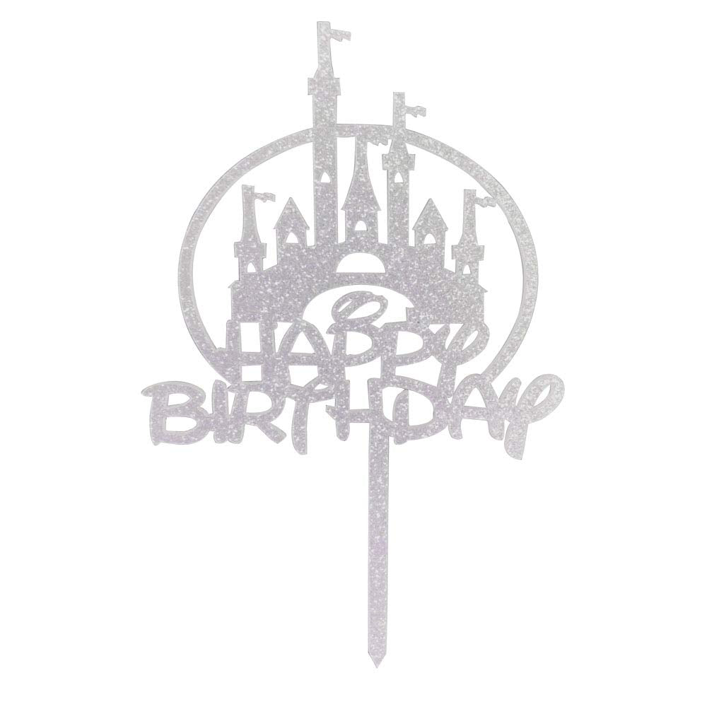 Castle Happy Birthday Cake Topper, Princess Prince Birthday Cake Toppers, First Birthday Party Decorations (Silver Glitter)