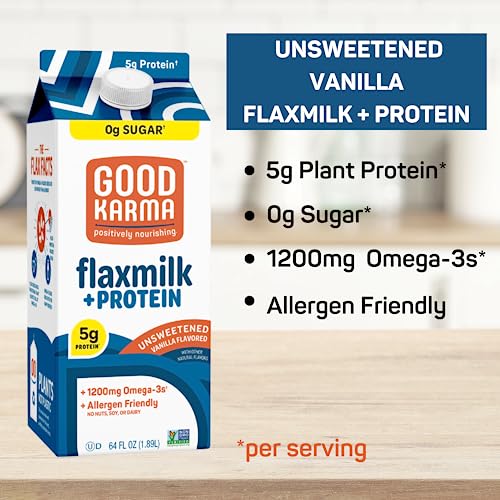 Good Karma Unsweetened Vanilla Flaxmilk +Protein, 64 Ounce, 5g Plant Protein + 1200mg Omega-3 Per Serving, Plant-Based Non-Dairy