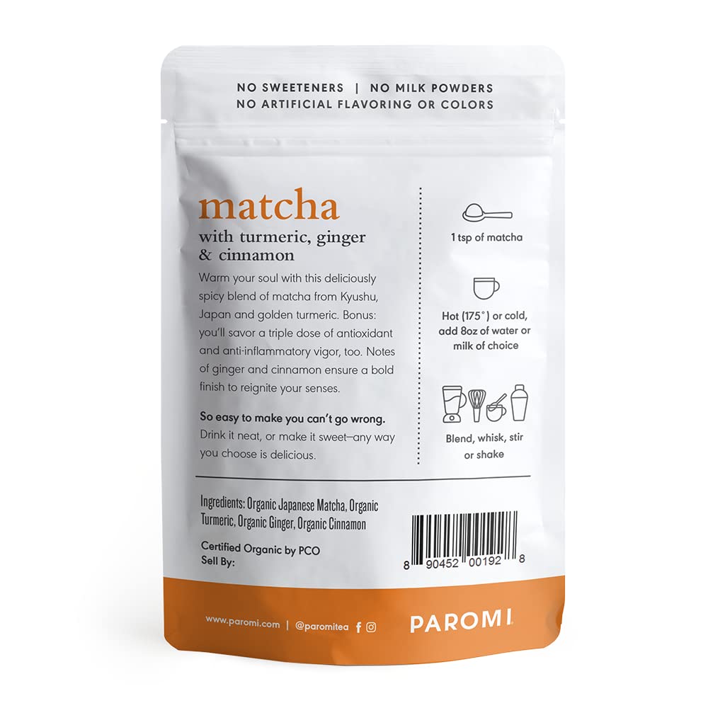 Paromi Tea Matcha With Turmeric, Ginger & Cinnamon 35 Grams, Organic Stone-Ground Organic Green Tea, Serve Hot Or Iced, Blend, W
