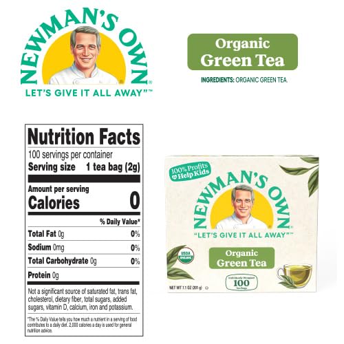 Newmans Own Organic Green Tea, 100 Individually Wrapped Tea Bags, Pack of 2, USDA Certified, Contains Caffeine