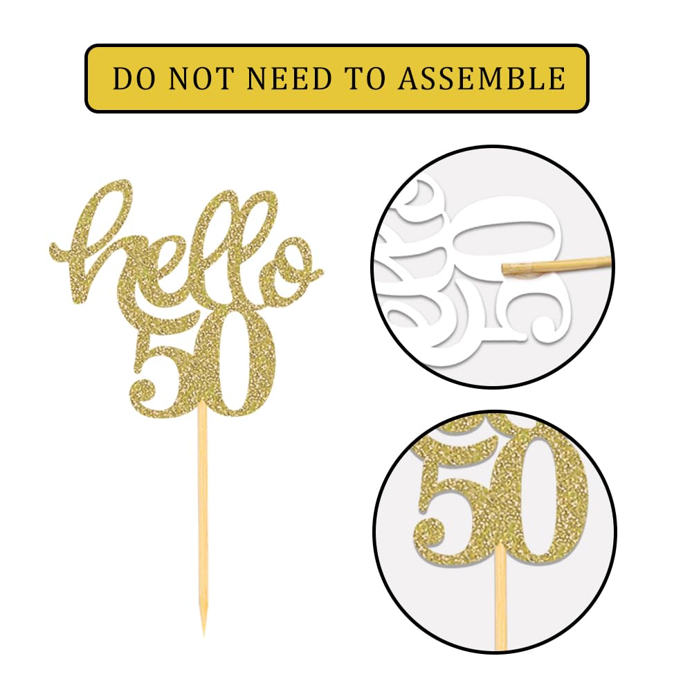 24 Pcs Gold Glitter 50Th Birthday Cupcake Toppers For 50Th Birthday Celebrating Party Decorations