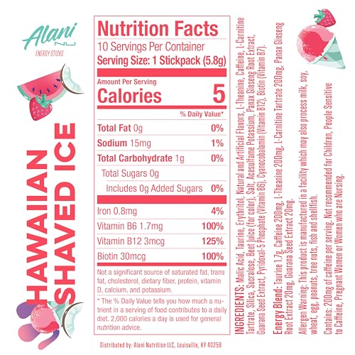 Alani Nu HAWAIIAN SHAVED ICE  Energy Sticks Drink Powder  200mg Caffeine  Pre Workout Performance with Antioxidants  On-The-Go Drink Mix  Biotin  B Vitamins  Zero Sugar  5 Calories  10 Pack