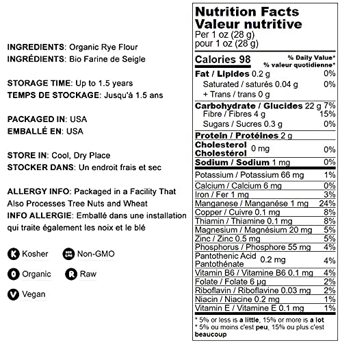 Food To Live Organic White Rye Flour, 1 Pound - Non-Gmo, Unbleached, Light, Medium Protein, Vegan, Kosher, Finely Milled Berries