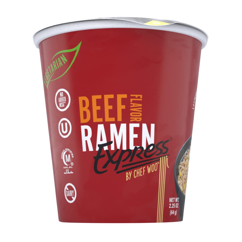 RAMEN EXPRESS Beef Flavor Ramen Cup Noodle, 2.25 Oz Each (Pack Of 12) by Chef Woo | Vegetarian Ramen Noodles | No Added MSG | Ha
