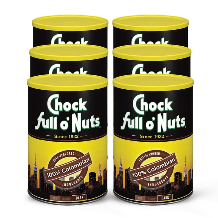 Chock Full O Nuts Colombian Ground Coffee - Top-Grade Beans In Recyclable Steel Can - Rich Flavor & Aroma  Dark Roast - Perfect For Drip  Pour-Over  Percolator - 10.3 Oz Can  Pack Of 6