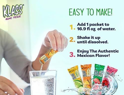 Klass Aguas Frescas Powdered Drink Mix | 44 Sugar Free Powder Packets | Flavors - Cucumber Limeade Pineapple Tangerine Strawberry Watermelon & Hibiscus Berries - Water Enhancer To Go!