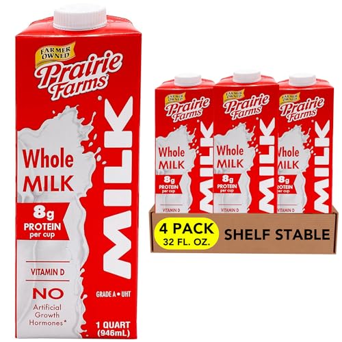 Prairie Farms Whole Milk, Shelf Stable, Boxed & Ultra Pasteurized (Uht), Vitamin D White Milk - Preservative And   Free, Gluten Free, Kosher, Made In Usa - 1 Quart (4 Pack)