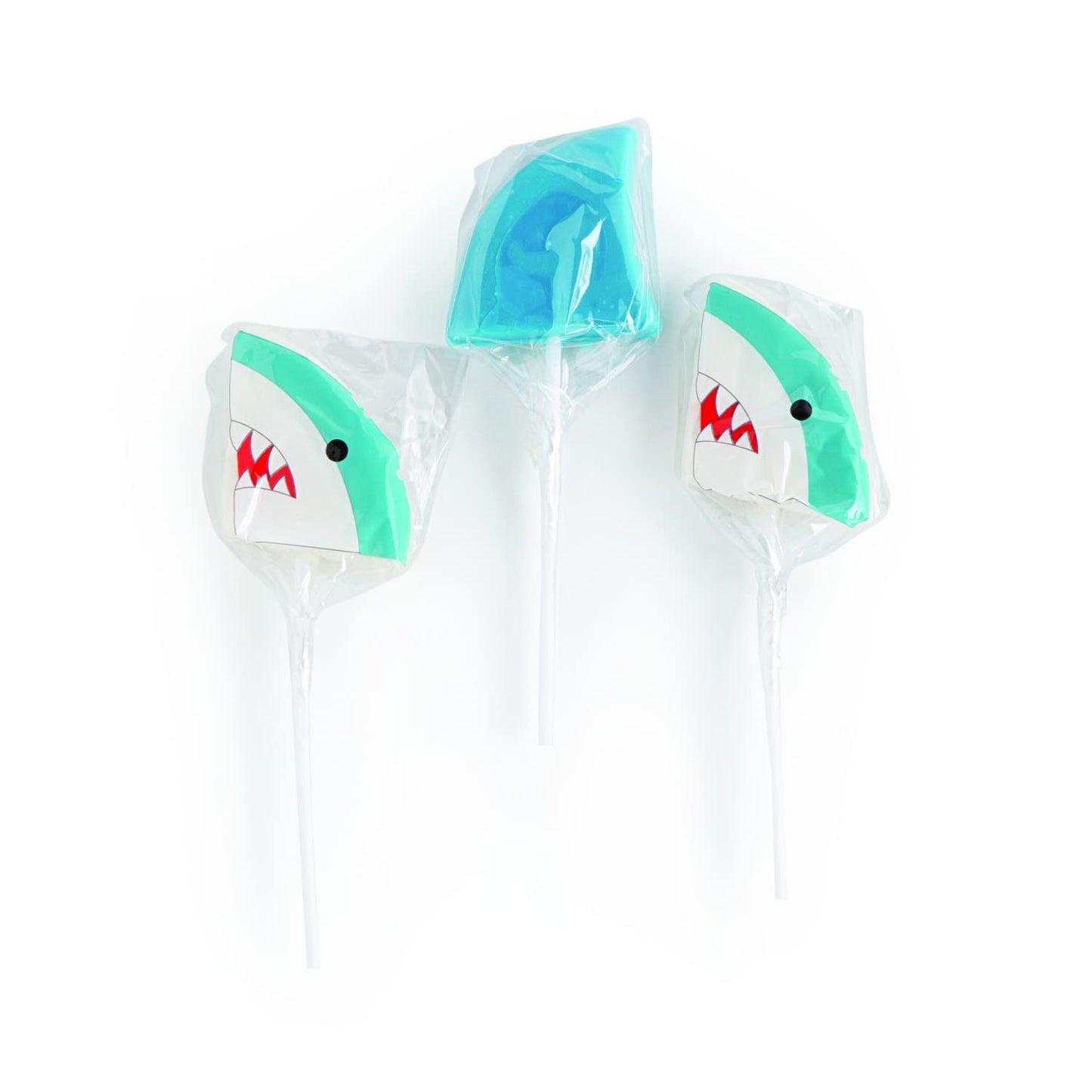 Fun Express Shark Suckers - 12 Candy Lollipops, Blue & White, Heads and Fins Shapes, Ideal for Birthday Party Supplies