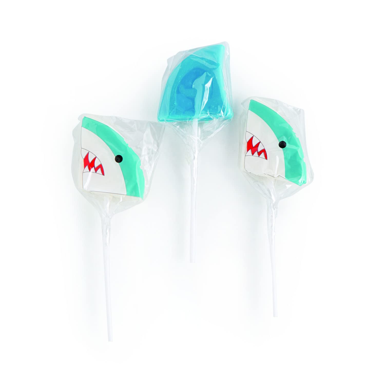 Fun Express Shark Suckers - 12 Candy Lollipops, Blue & White, Heads and Fins Shapes, Ideal for Birthday Party Supplies