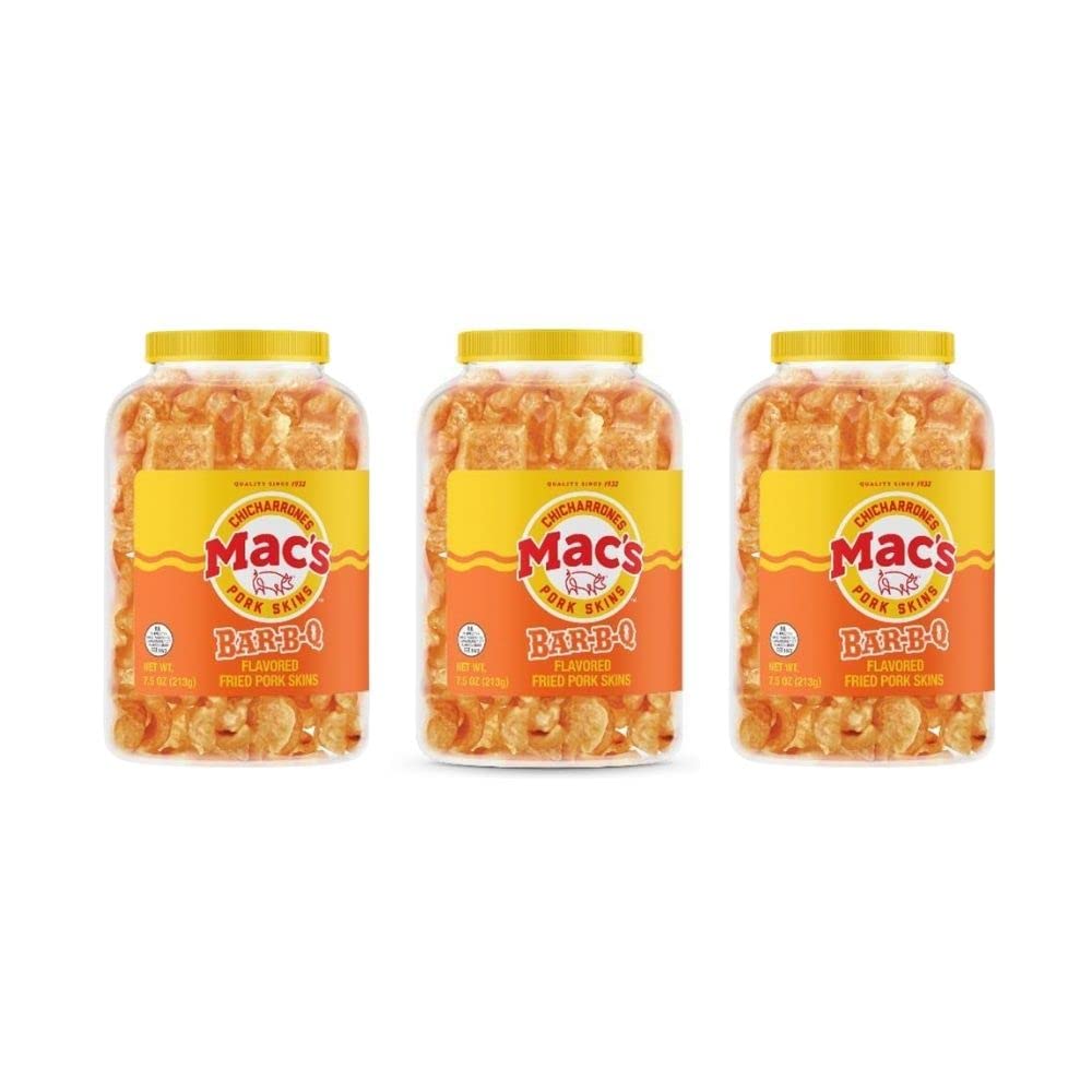 Mac'S Bbq Pork Skin Canisters, Organic, Gluten Free, Keto Friendly, 7.5Oz (Pack Of 3)