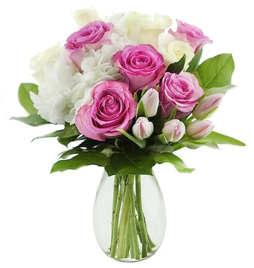 KaBloom Flowers - Mother's Day Collection -5 Pink Rose 4 White Rose 5 Pink Tulip 1 White Hydrangea and Greens with vase, Gift fo