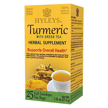 6 Pack Of Hyleys Wellness Turmeric With Green Tea - 25 Tea Bags (100% Natural, Sugar Free, Gluten Free & Non-Gmo), 150 Count
