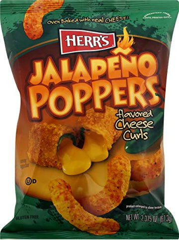 Herrs Jalapeo Poppers Flavored Cheese Curls - Made with Cheddar Cheese - Great for Bold Flavor Fans - 2.375 Ounce (Pack of 20)