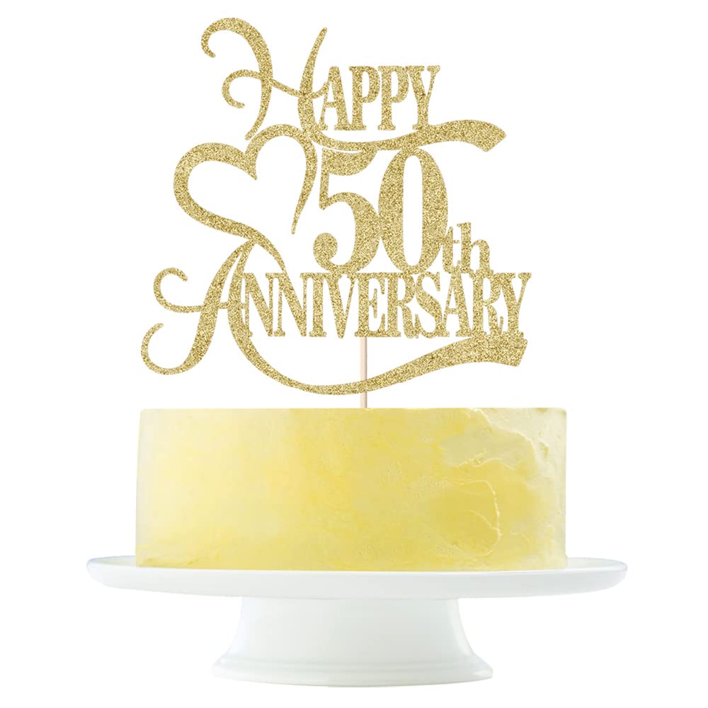 Yetxel Gold Glitter 50th Anniversary Cake Topper - 8x7 inches Decoration for Weddings and Birthdays