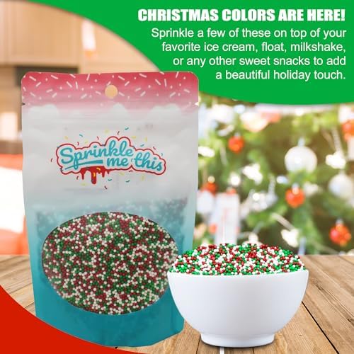 Christmas Blend Nonpareils - 8 oz Resealable Candy Bag - Mini Red, White, and Green Nonpareils - Christmas Themed Sprinkle Toppi