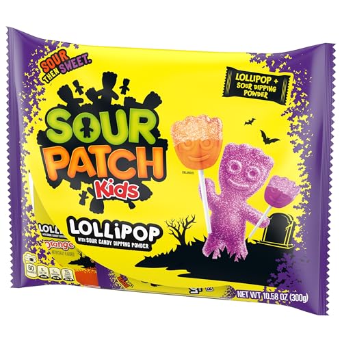 SOUR PATCH KIDS Orange & Purple Halloween Candy Lollipops with Sour Candy Dipping Powder, 20 Lollipops