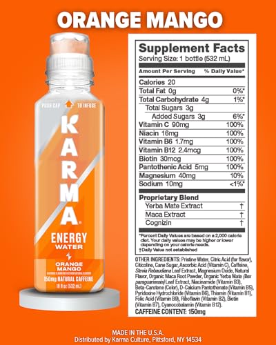Karma Energy Drink - 12 Pack  Orange Mango Caffeinated Water with Cognizin Nootropics  Vitamins & Immune Support  Low Calorie