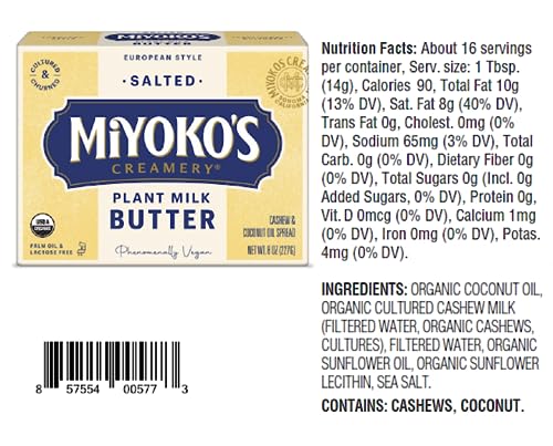 MIYOKOS CREAMERY Organic Salted Vegan Butter, European Style Cultured Plant Milk Butter, 8 Ounce (Pack of 1)