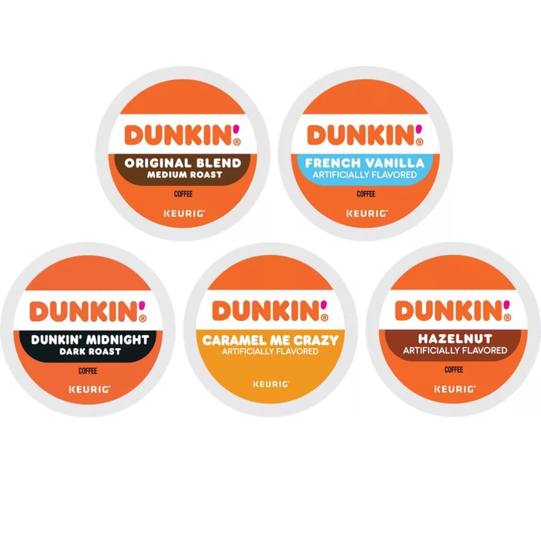 KUPIX Dunkin Donuts K-Cups Variety Pack - Original, Dark, Caramel, Hazelnut, French Vanilla - 24 Count for Keurig Brewers