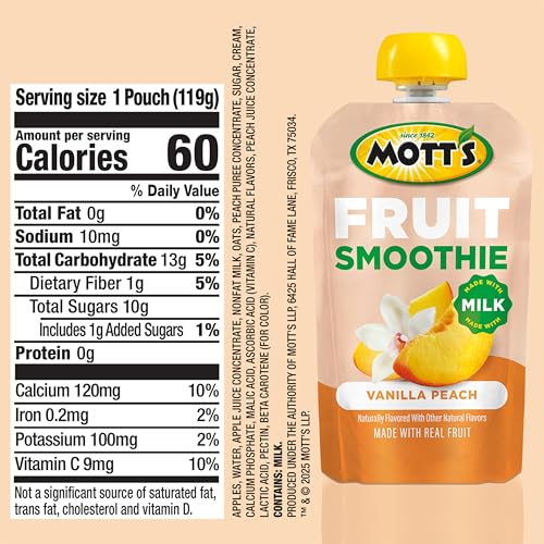 Motts Fruit Smoothies Vanilla Peach, 4.2 oz clear pouches, 24 Count (6 Packs of 4), Made With Milk, Made With Real Fruit, Good S