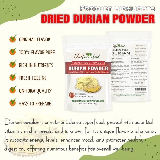 Durian Powder 2.47 Oz (70G) Vietfarmfood: Freeze-Dried Extracted From 100% Pure, Sugar-Free. Used To Mix Mixed Drinks Fresh Frui