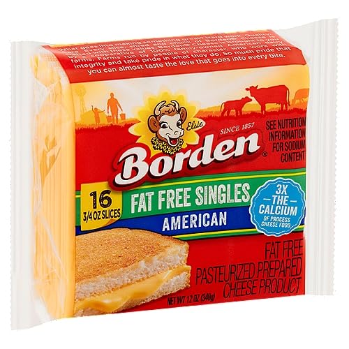 Borden Fat Free Singles Cheese, 3/4 oz, 16 Slices - Pack of 4, Ideal for Healthy Snacking