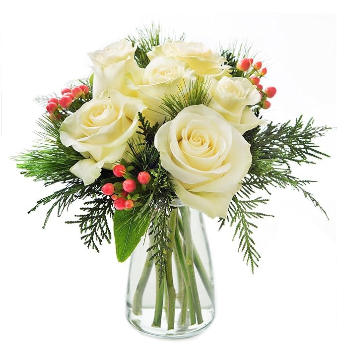 Kabloom Prime Next Day Delivery - Noel White Roses Accented With Red Berries And Seasonal Greens With Vase.Gift For Birthday, Sympathy, Anniversary, Thank You, Valentine, Mother’S Day Fresh Flowers