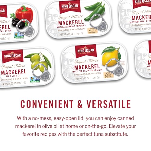 King Oscar Skinless & Boneless Mackerel Variety Pack Olive Oil  Med. Style  Lemon and Jalapeo  4.05-Ounce Cans (Pack of 6)