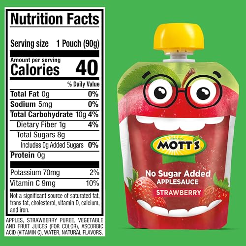 Motts No Sugar Added Strawberry Applesauce, 3.2 oz clear pouches, 12 count